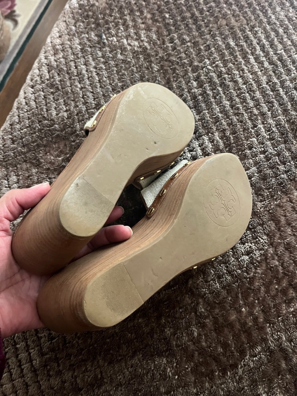 Tory Burch Brown Leather and Cream Canvas Logo Slide Mules - Picture 7 of 12